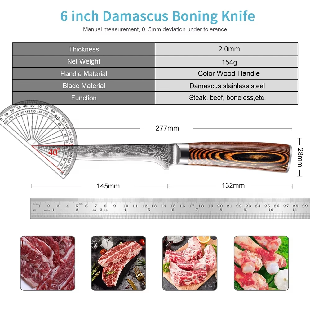 Damascus Steel Boning Knife Razor Sharp Kitchen Utility Fish Killing Knife Deboning Knife Sashimi Knife with Cowhide Sheath