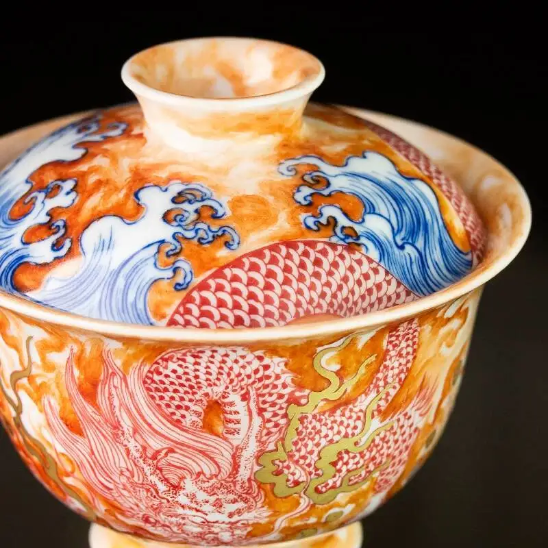 Sacred Mountain Hand-Painted Alum Red Underglaze Dragon Pattern Treasure Lidded Bowl Cup Jingdezhen Handmade Ceramic Tea Set