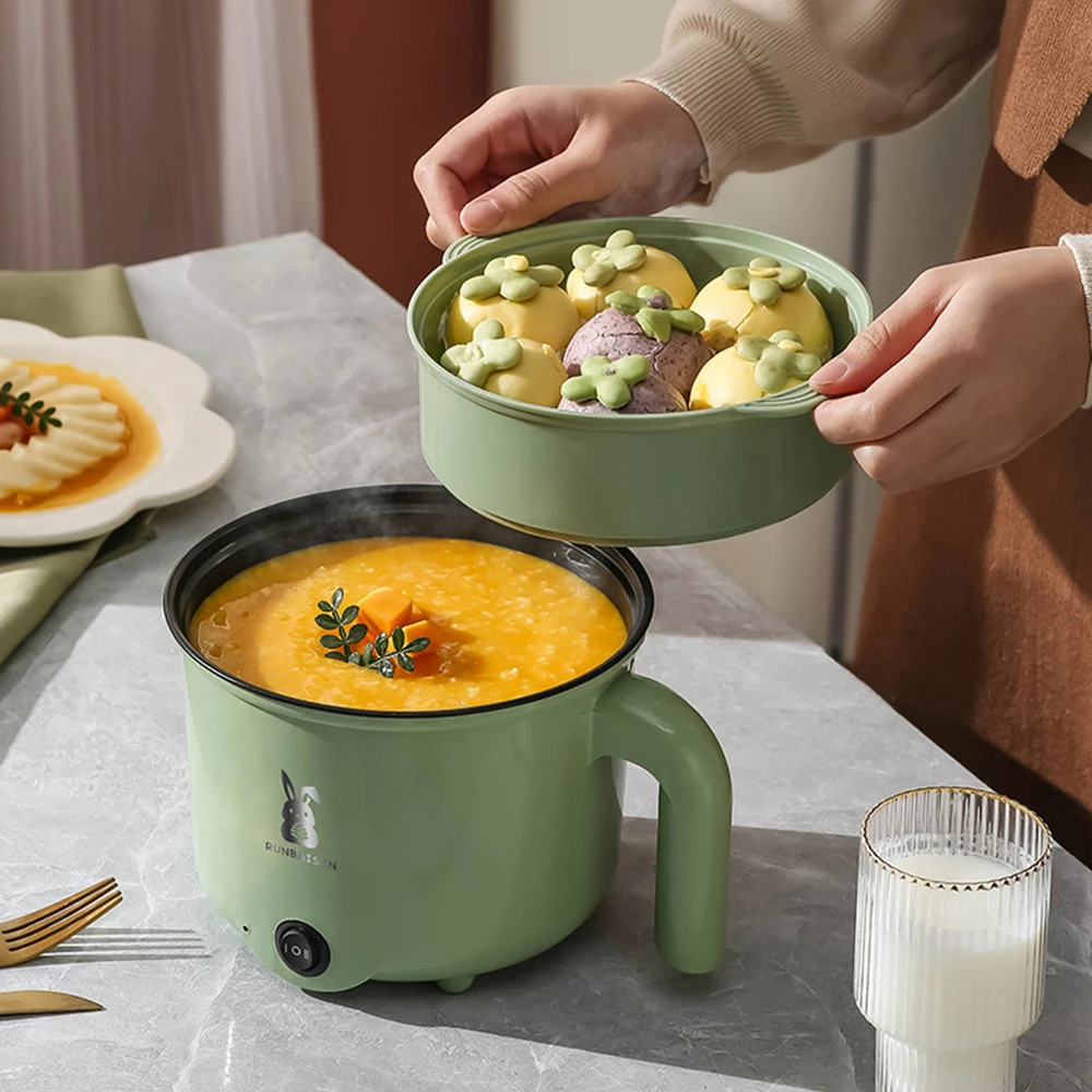 Mini fogão elétrico antiaderente, panela de cozimento doméstico, única camada dupla, vaporizador de aço inoxidável, panela quente, 110V, 220V, 1.8L