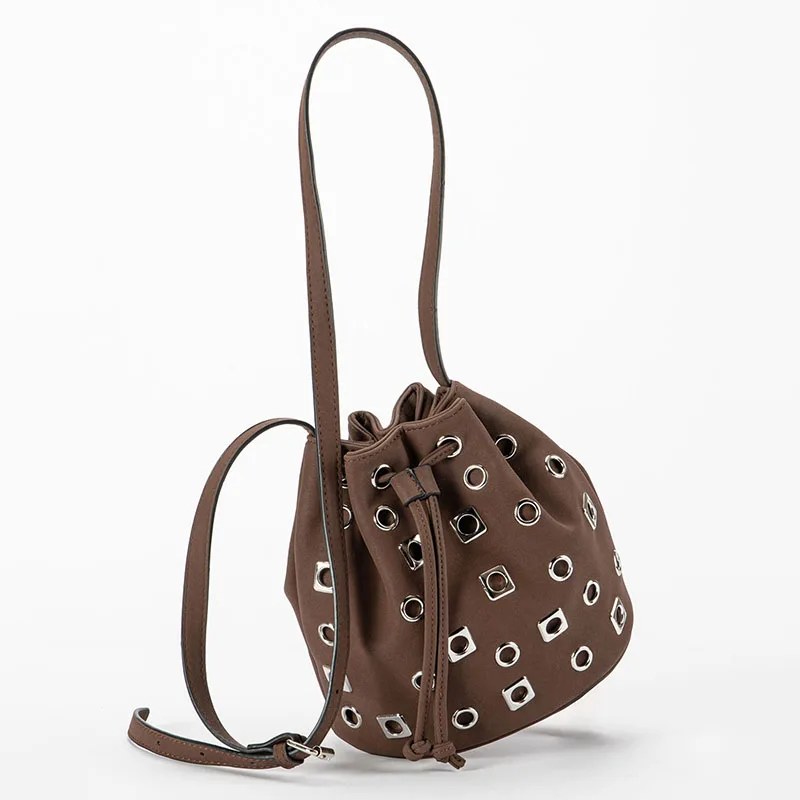 

Ladies Drawstring Rivet Bag Casual And Fashion Large Capacity Bucket Bag Hollowed Shoulder Bag Cool Girl Crossbody Bag