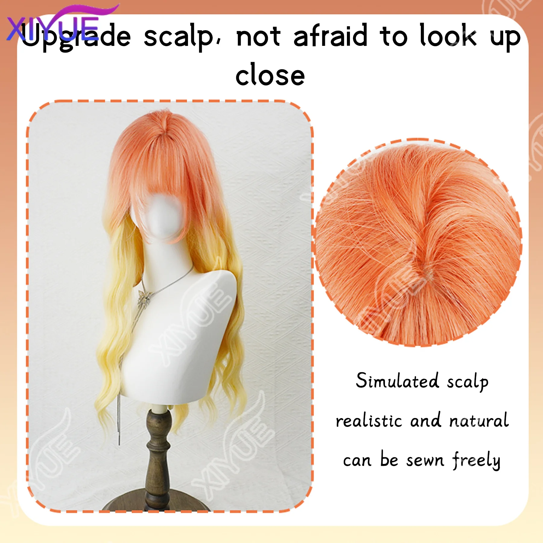 XIYUE Synthetic Hair Orange Yellow Ombre Wavy Wigs for Women With Bangs Long Natural Wig Daily Cosplay Heat Resistant Halloween