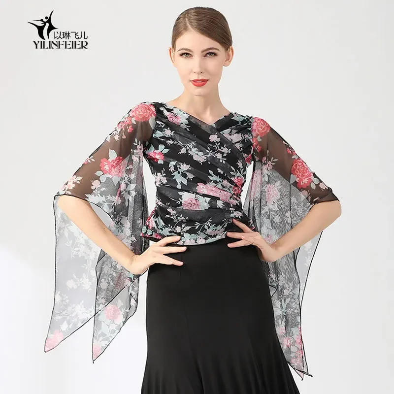 Lady chiffon sleeve waltz dancing top donna vintage print ballroom dancing top