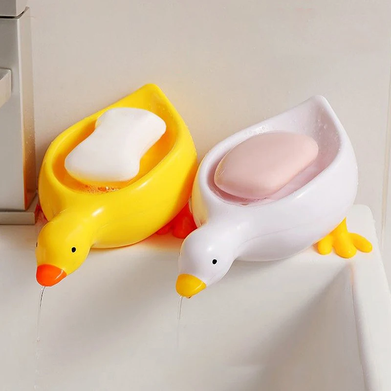 1 Pc Soap Dish For Tray Bathroom Accessories Yellow Duck Shape Soap Box Cartoon Soap Dish Drainable Soap Holder Soap Container