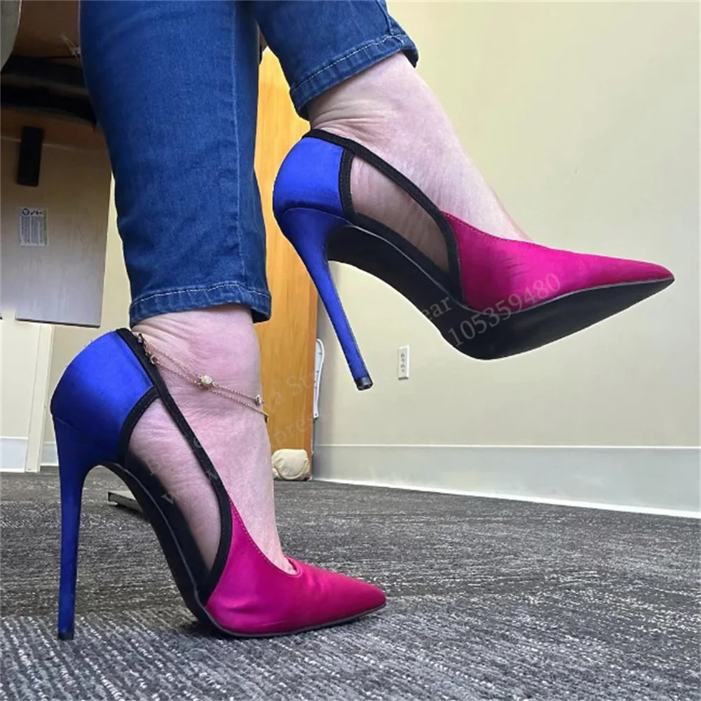 

Mixed Color Pointy Toe High Heels Women Sexy Blue Patchwork Stiletto Heel Slip On Side Empty 12cm Banquet Wedding Dress Pumps