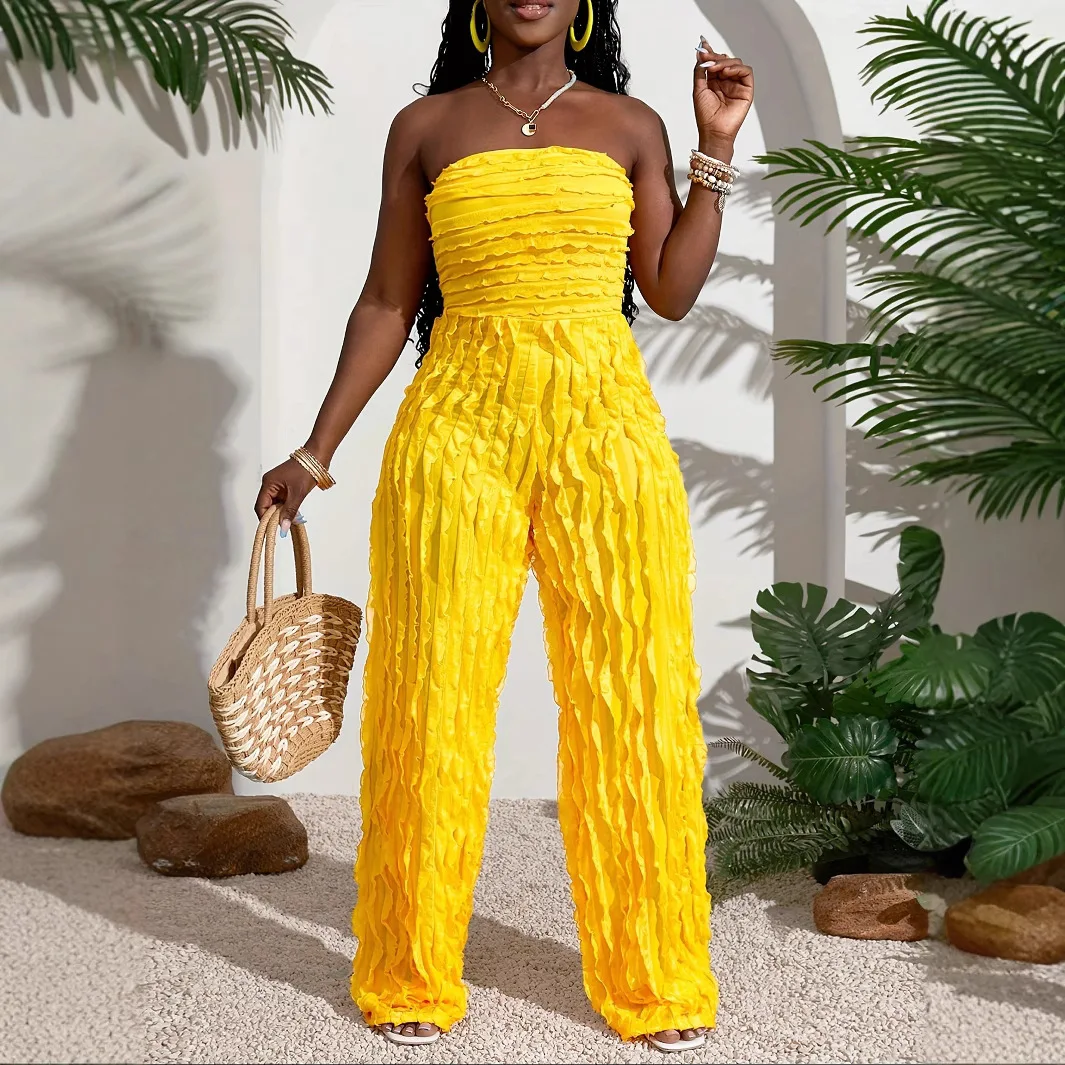 

Women's Casual Sleeveless Jumpsuit Spring Summer Daily Wavy Mesh Texture Backless Jumpsuit Lady's Floor-Length Trousers Rompers