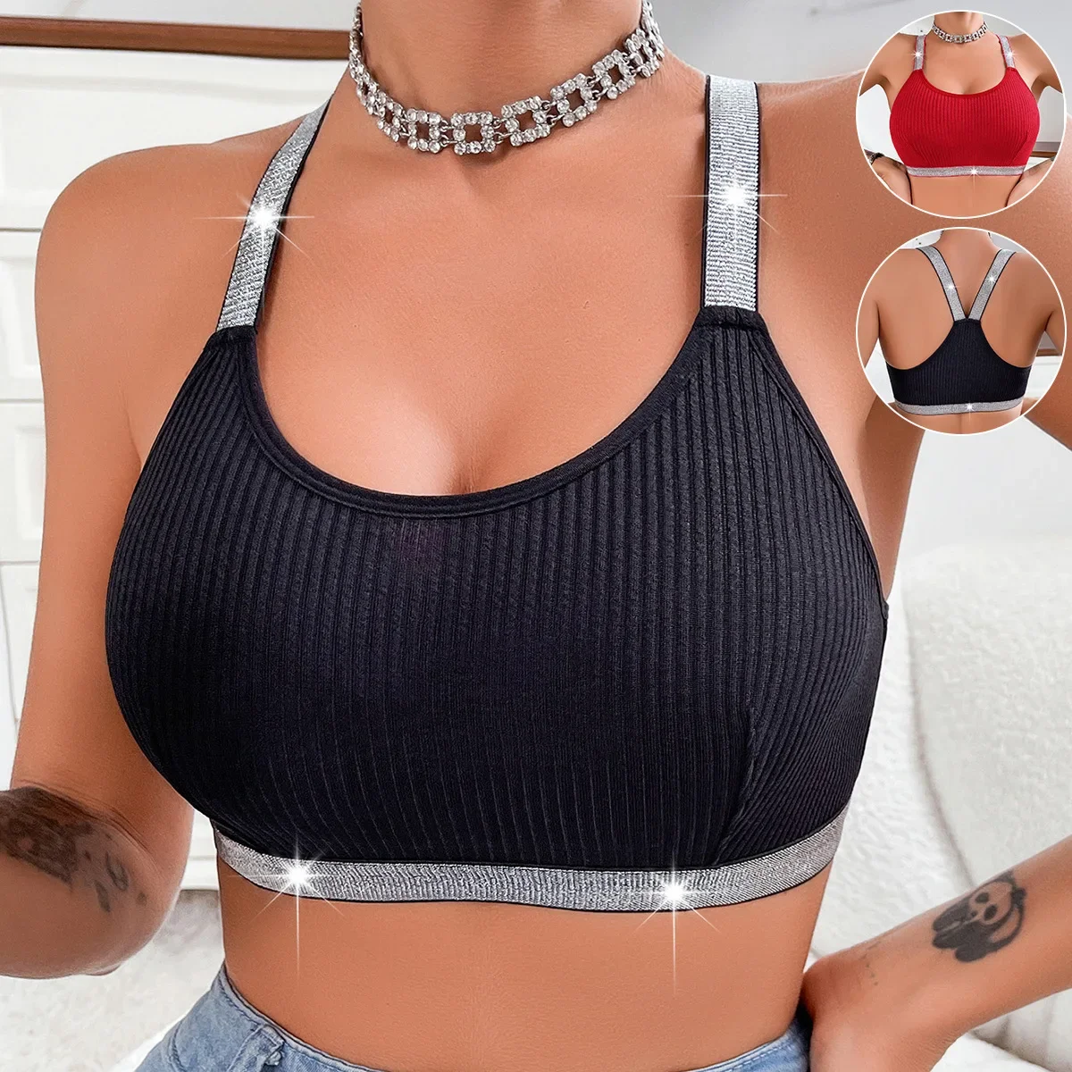 Sexy Tank Top Women Elegant U Neck Glitter Spaghetti Strap Bralette Padded Camisole Bra Crop Tops Fashion Summer2025 Casual Vest