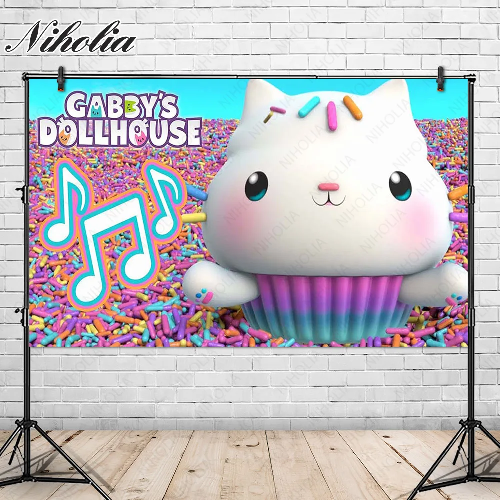 Niholia Gabby Dollhouse  Photo Backdrop Cakey Cat Girl Birthday Party Photography Background  Custom Banner Props