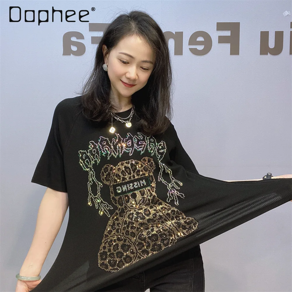 

Summer Ribbed Cotton Short Sleeve T-Shirt for Women Versatile Slim Fit Black Half Sleeve Top with Rhinestones Cartoon Black Top