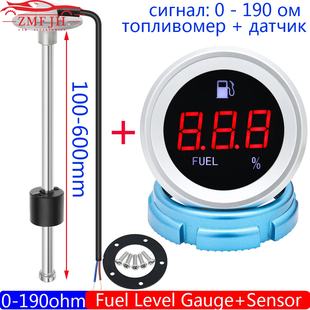 A5 0-190 Ohm Fuel Level Sensor+Fuel Level Gauge 52mm Digital Oil Tank Meter Indicator with Flash Alarm for Car Boat Motor 12V24V