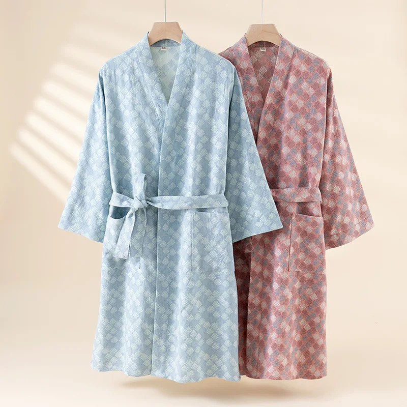

2025 Spring and Autumn New Chinese Kimono Robe Women 100% Cotton Bathrobe Women's Print Kimono Soft Loose Sweat Steamed Robe