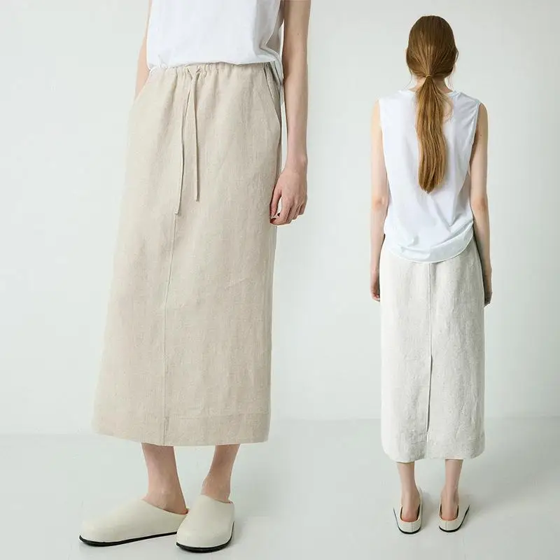 

Pure Linen Straight Tube Skirt Women's Elastic Waist f Simple Sle Busin Casual Loose Fit Spring Season Faion