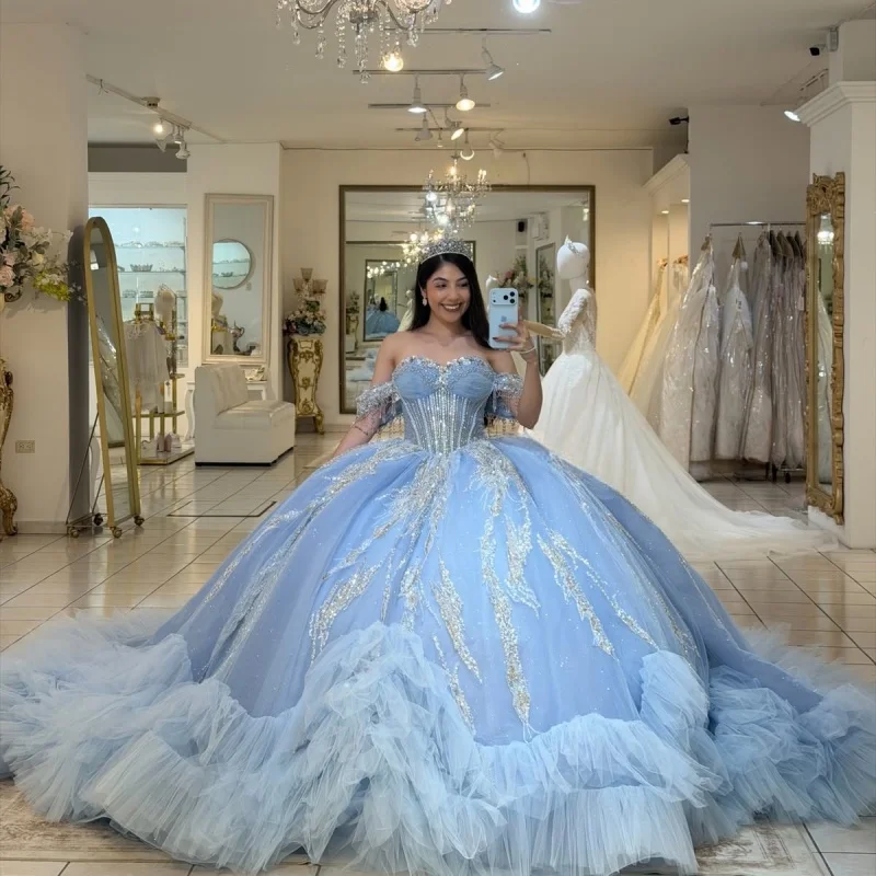 

Light Blue Quinceanera Dresses Off the Shoulder Glitter Decal Lace Layering Long tail Bow Vestidoe 15 Quinceanera Customize