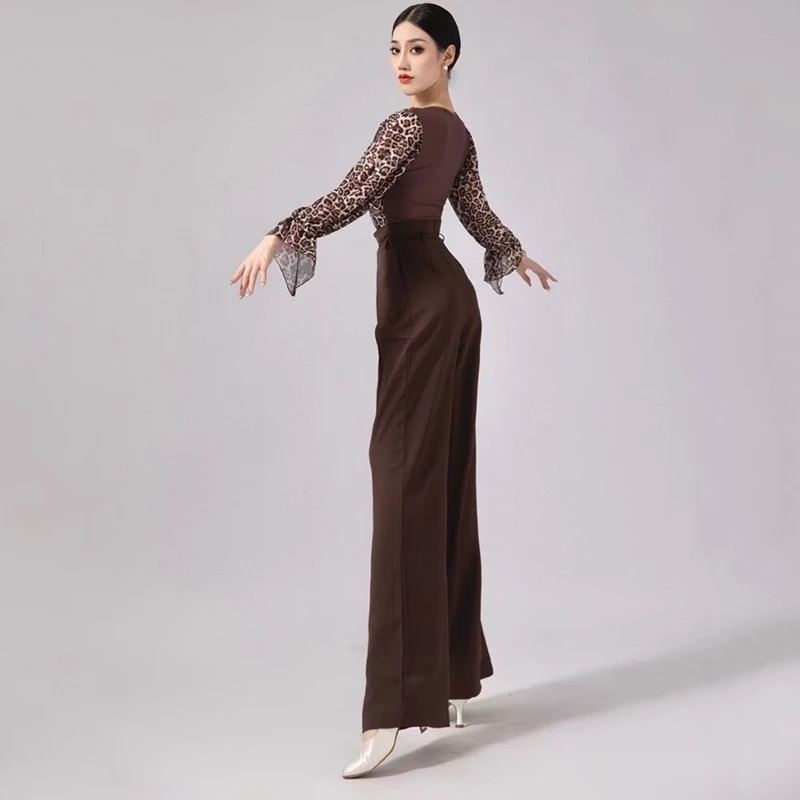 Latin Dance Costumes Leopard Print Long Sleeved Jumpsuit Brown Wide Leg Loose Pants Training Suit For Women Latin Dress DN16786