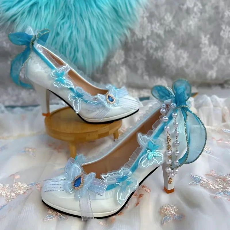 オリジナルロリータ靴手作りハイヒール甘いエレガントな多用途ロリボウティーパーティーライト高級 WomenShoes 結婚式の靴の花嫁