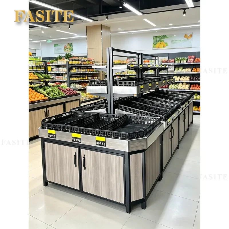 For Supermarket Fruit and Vegetable Display Shelves Commercial Steel and Wood Fresh Store Rack Heavy Duty Retail Grocery