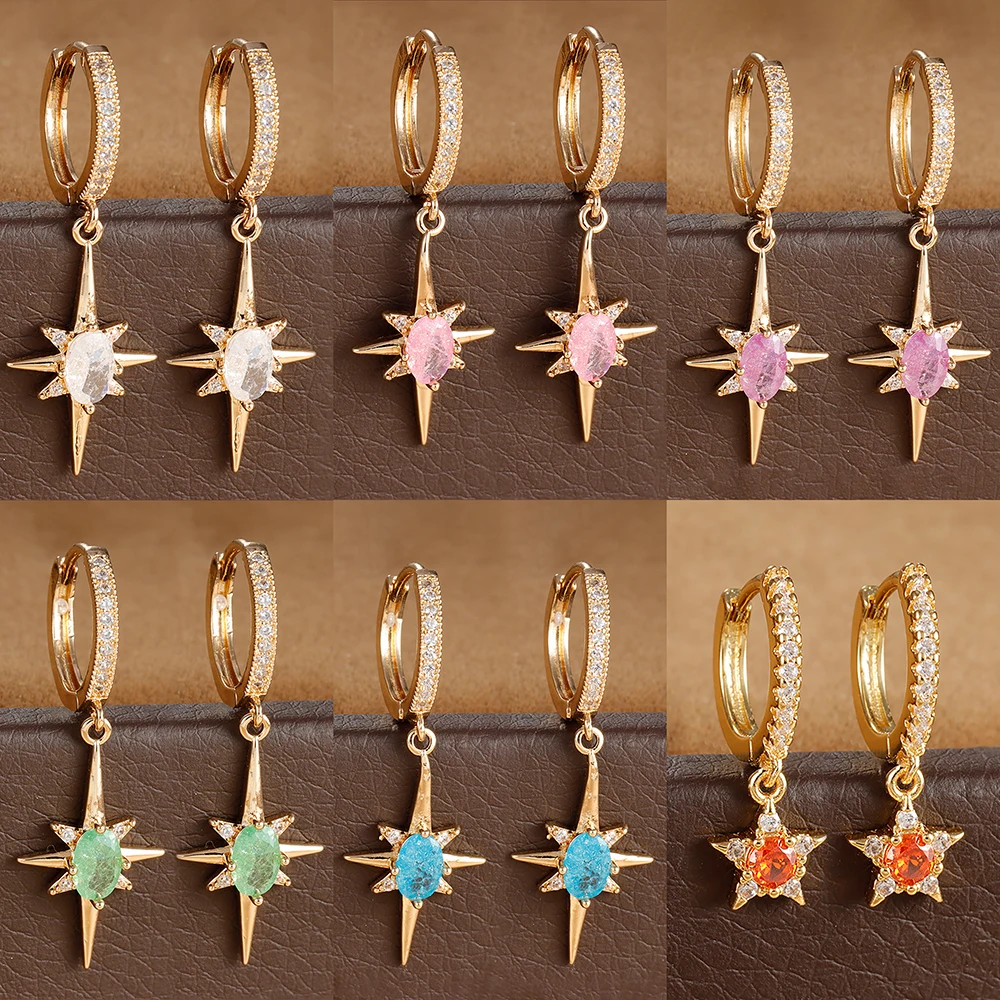 Pendientes de aro de estrella de circonita de cristal de lujo para mujer, Piercing de oreja geométrico de acero inoxidable chapado en oro, joyería de boda