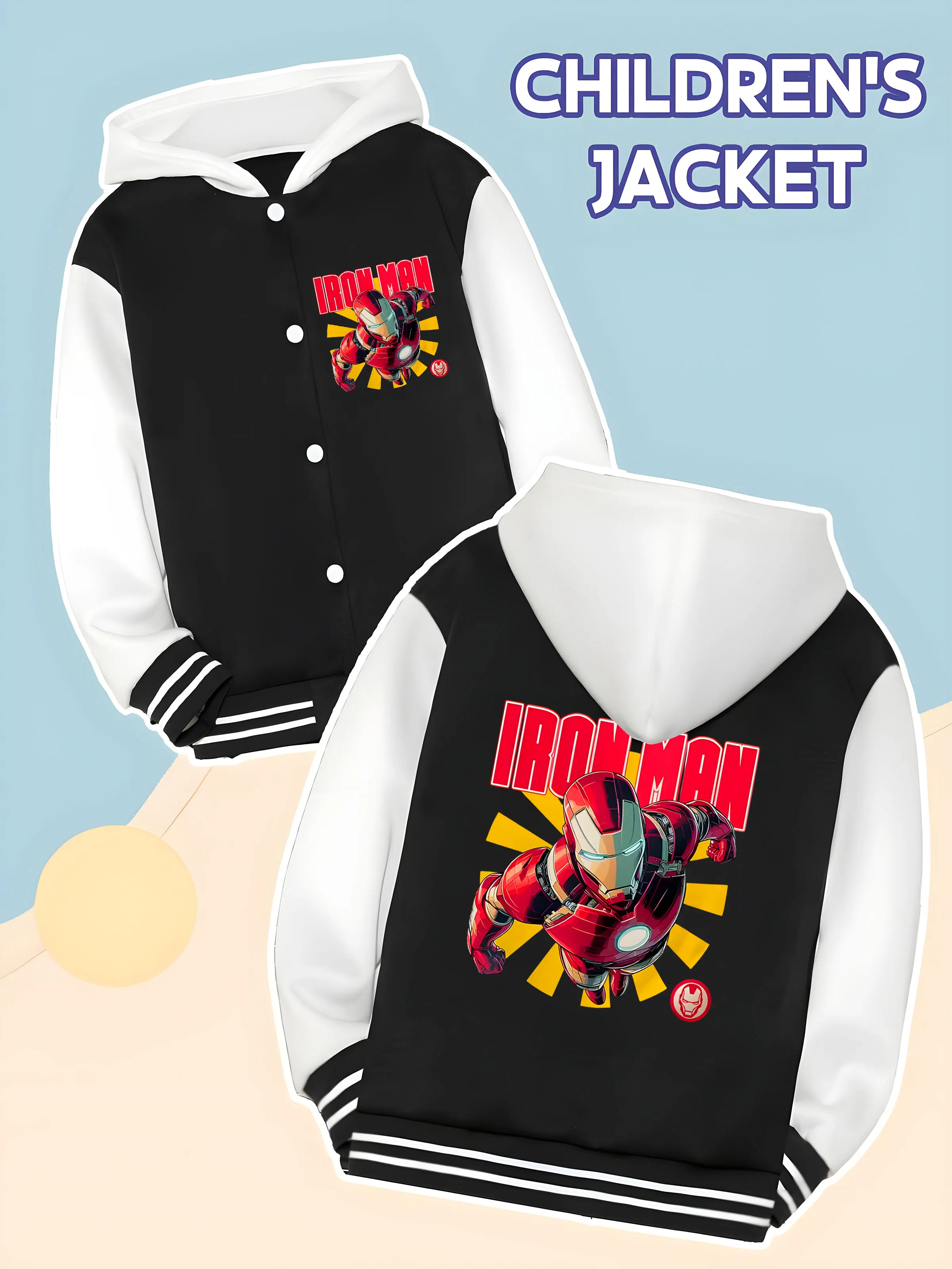 

MINISO Marvel Iron Man Boys' Baseball Jacket - Cool Iron Man print, double-sided to show heroic momentum, soft fabric to keep wa