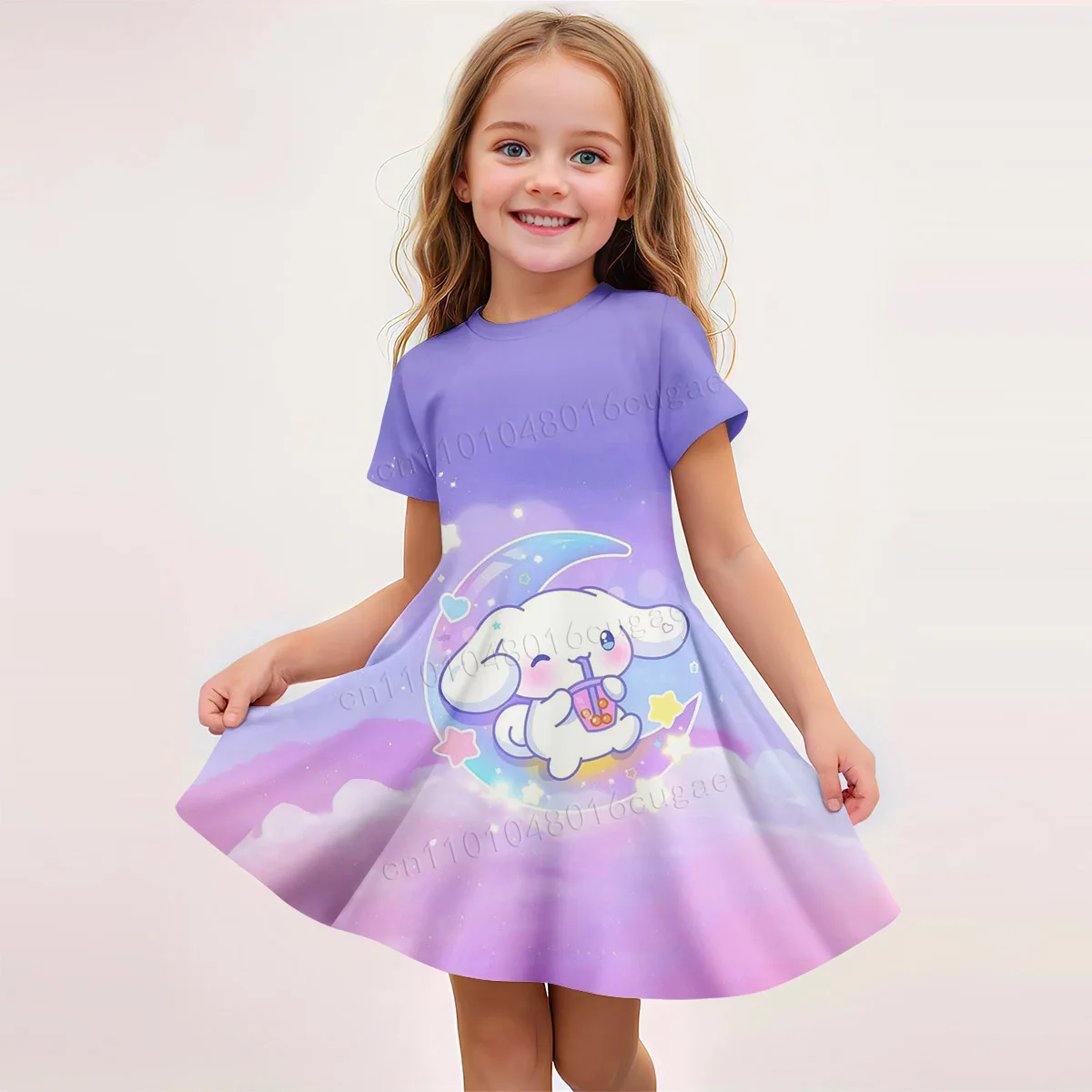 

Cinnamoroll Cute Sweet Girl Summer Dress Short Sleeve Long Dress Printed Cartoon Pattern Breathable Comfort Slimming Long Dress