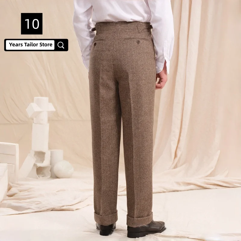 تويد خمر الرجال فستان بنطلون مزدوج الطيات الخصر مستقيم الساق بنطلون سميكة نمط الخريف الشتاء الزفاف بنطلون للرجال
