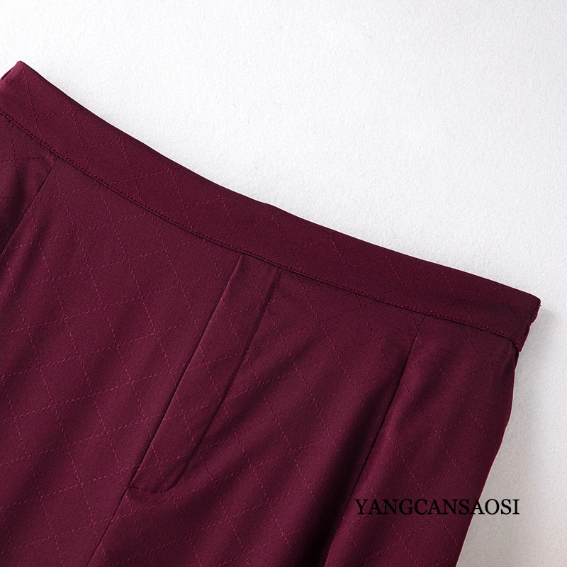 2023 Women's Fashion New Elastic Silk Heavy Crepe Natural Silk Casual Purple Red Diamond Checked Flat Waist Straight Leg Pants