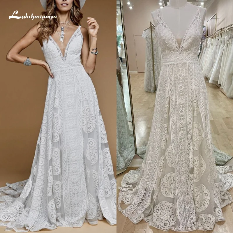 Boho A-Line Wedding Dress For Women Sexy V-neck Spaghetti Straps Open Back Bride Gown Lace Sweep vestido de novia robe de mariée