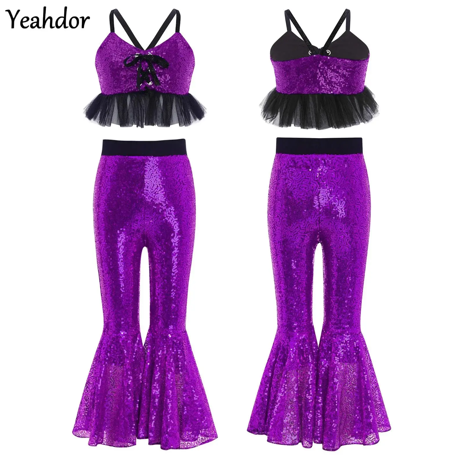 

Girls Sequins Ballet Jazz Lyrical Dance Set Tulle Ruffle Glitter Camisole with Bell-bottom Flared Pants Stage Performance Outfit
