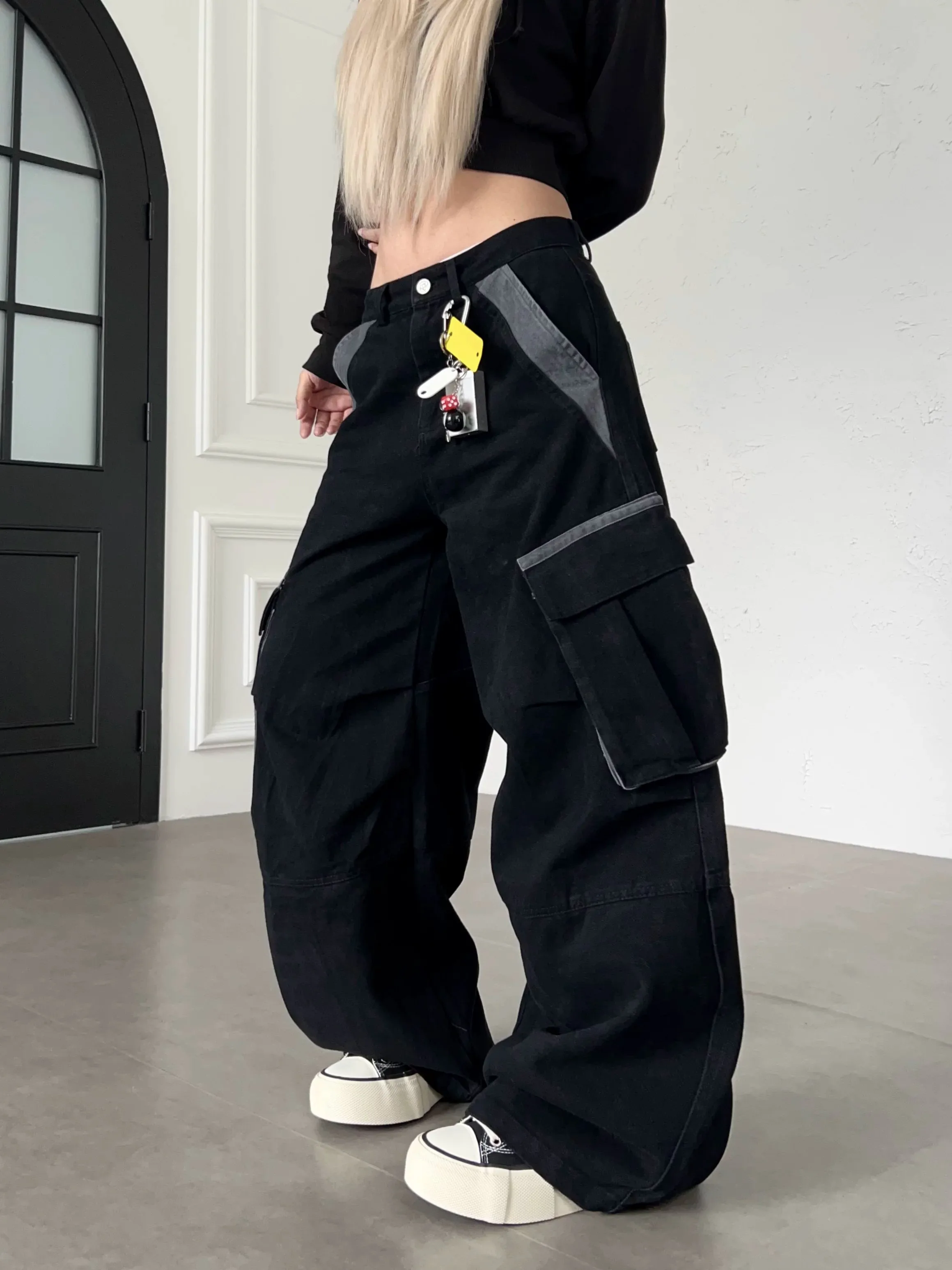 Retro American Multi-Pocket Color Block Work Pants Loose Wide Leg Casual Trousers for Men And Women Spring Autumn New Design
