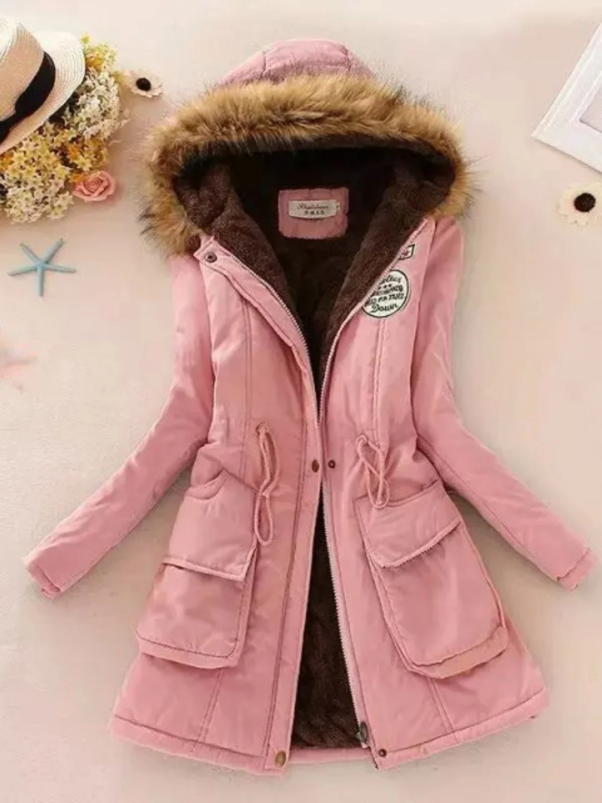 

Large Size Long Sve Hooded Cotton Jaet Street Sle Oversized Fce Lined Mid-Length Zipper Closure Color Coat