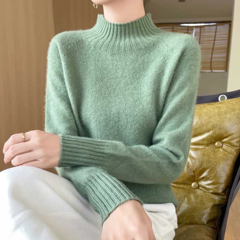 

Autumn And Winter Women's Padded Semi-High Neck Raglan Sweater Loose Korean Version Of Wool Knitted Bottoming Shirt