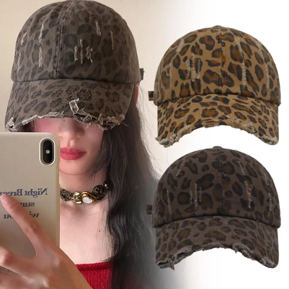 New Leopard Print Vintage Washed Cotton Baseball Cap Women Hip Hop Ponytail Messy Buns Outdoor Sport Hats Accessories