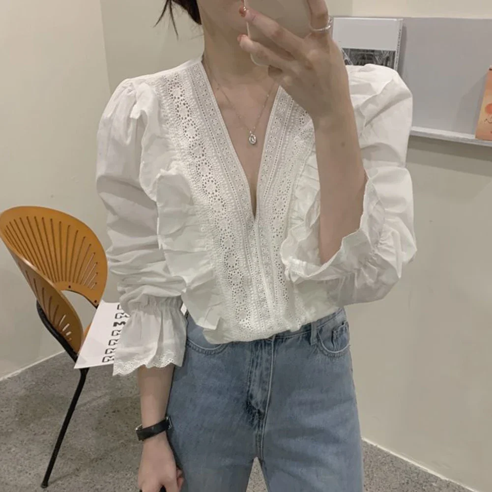 Women\'s Spring Elegant Ruffles Tops Casual V-Neck Long Sleeve Blouses Female Elegant Loose Tunic White Blouses Fashion 2024