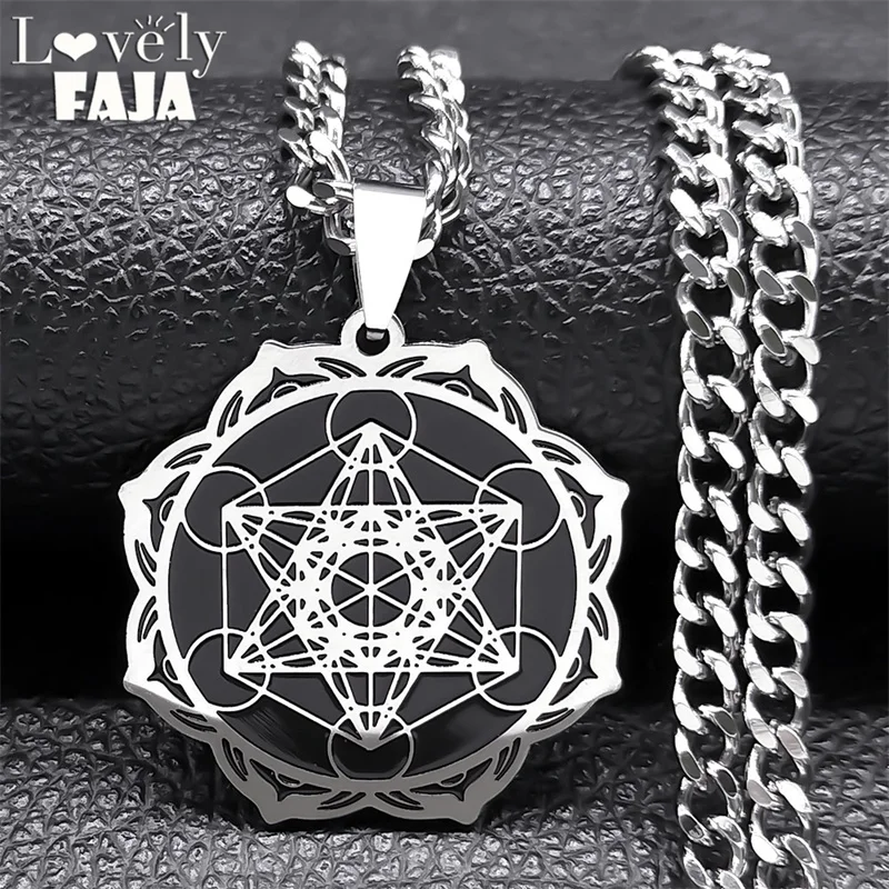 Flower of Life Metatron Cube Necklace Women Sacred Geometry Pendant Stainless Steel Angel Seal Archangel Necklace Jewelry N7961