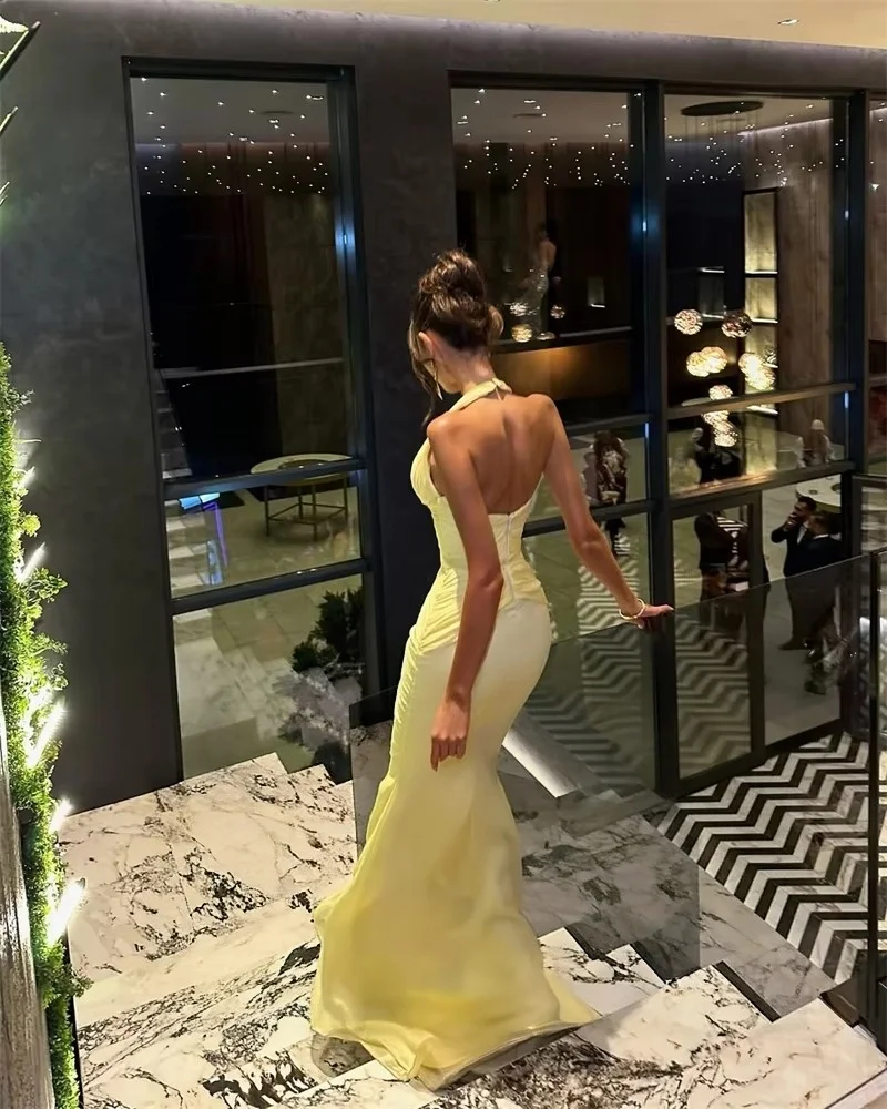 Halter V Neck Satin Women Dresses Light  Ruched Bodycon Mermaid Long Evening Formal Prom Wedding Guest Party Gowns