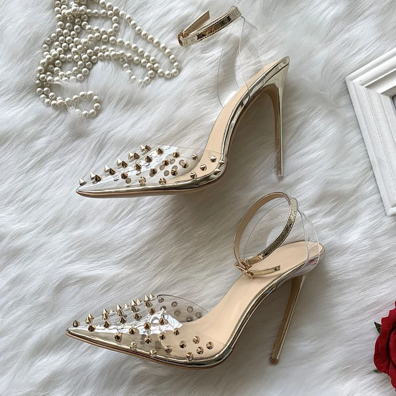 

Transparent PVC gold color spikes women pointed toe stiletto high heels size 33-45 Punk rivets Slip on Sex pumps MD051 ROVICIYA