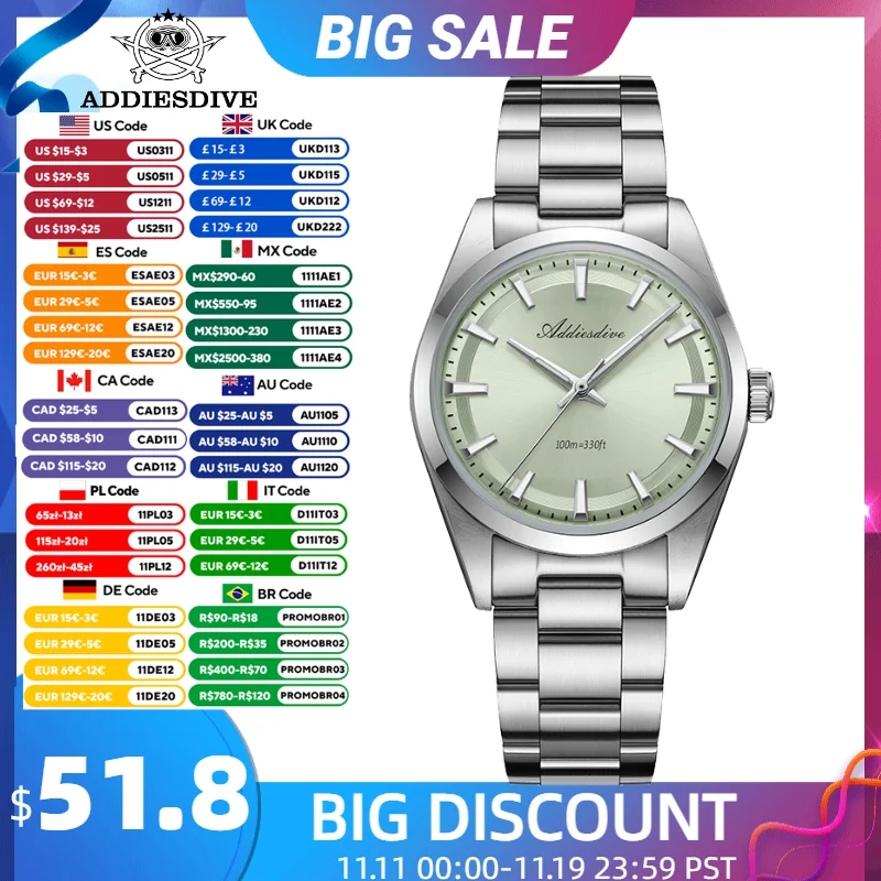 

ADDIESDIVE New Quartz Watch Men Luxury VH31 AR Coating 100m Waterproof Natural Green 316L Stainless Steel Luminous 36mm Watch