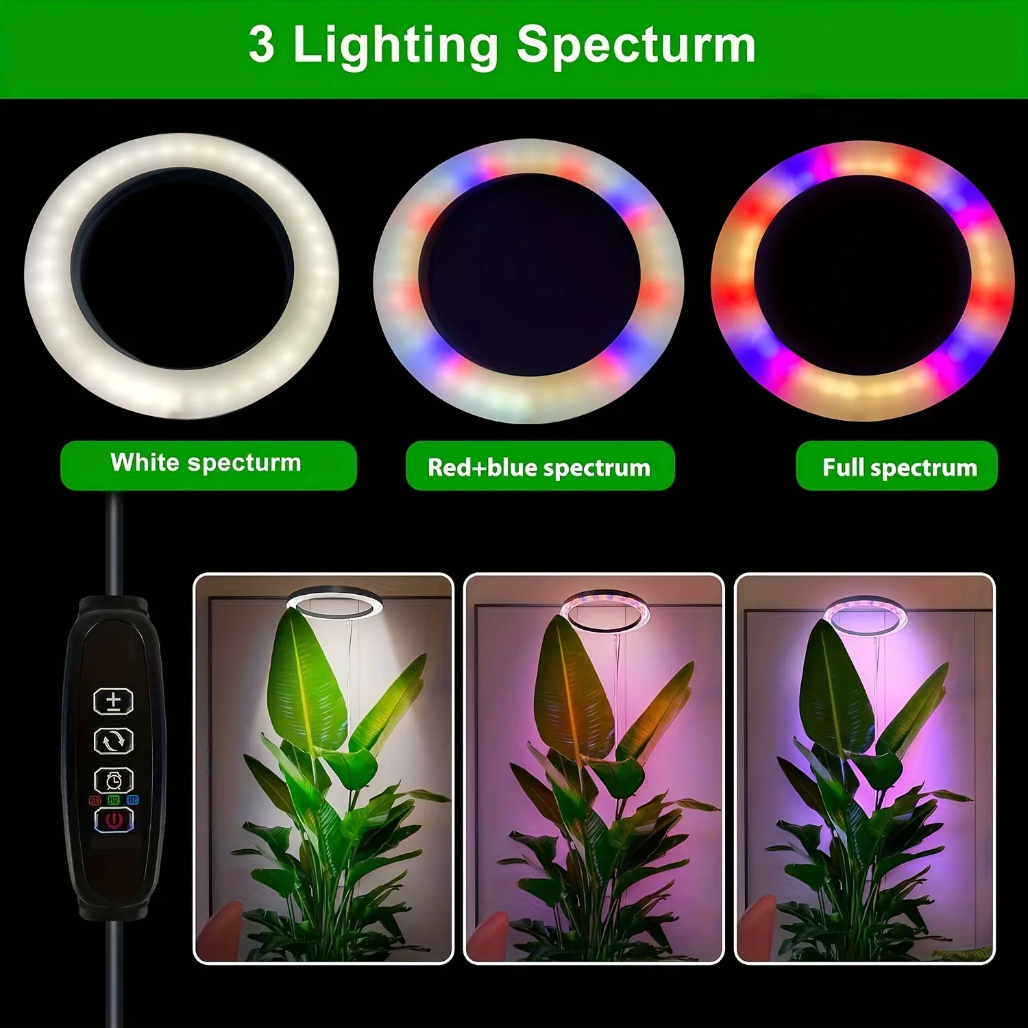 LED 확장형 풀스펙트럼 식물등, 실내 식물 성장용 홈 타이머 포함, USB 5V 녹색 식물 링 조명