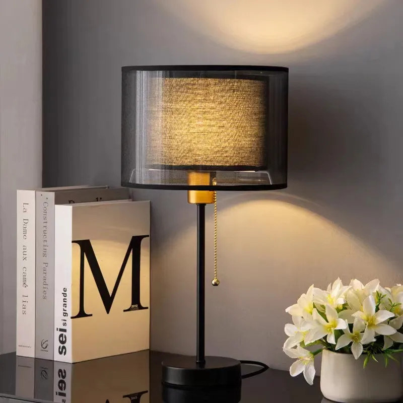 

American Iron Base Table Lamp Vintage Rotundity Black White Double-layer Fabric Lampshade Living Room Bedroom Bedside Desk Light