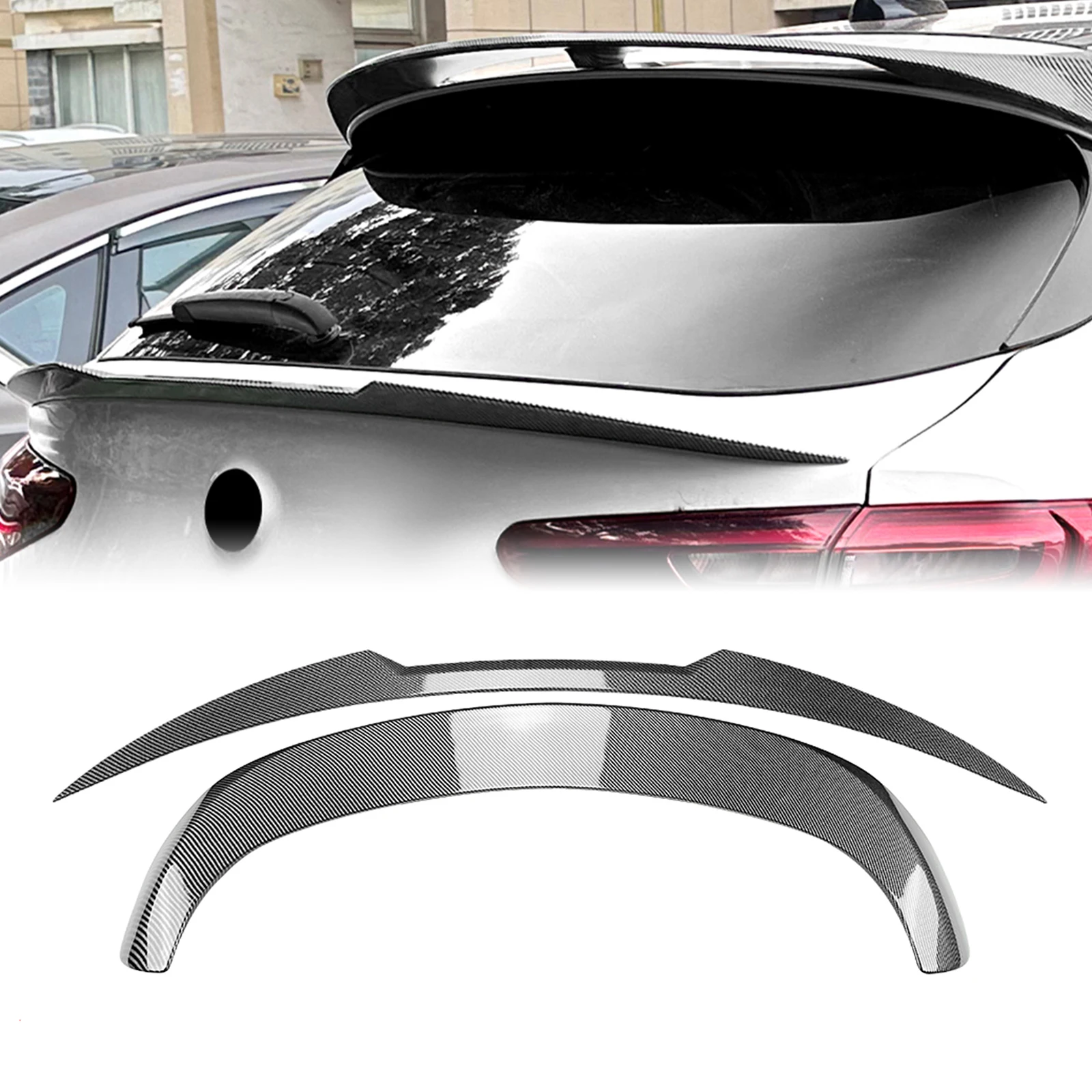 

Rear Middle + Roof Spoiler Wing For Alfa Romeo Stelvio 2018-2024 4-Door Carbon Fiber Look/Gloss Black Trunk Upper Splitter Lip