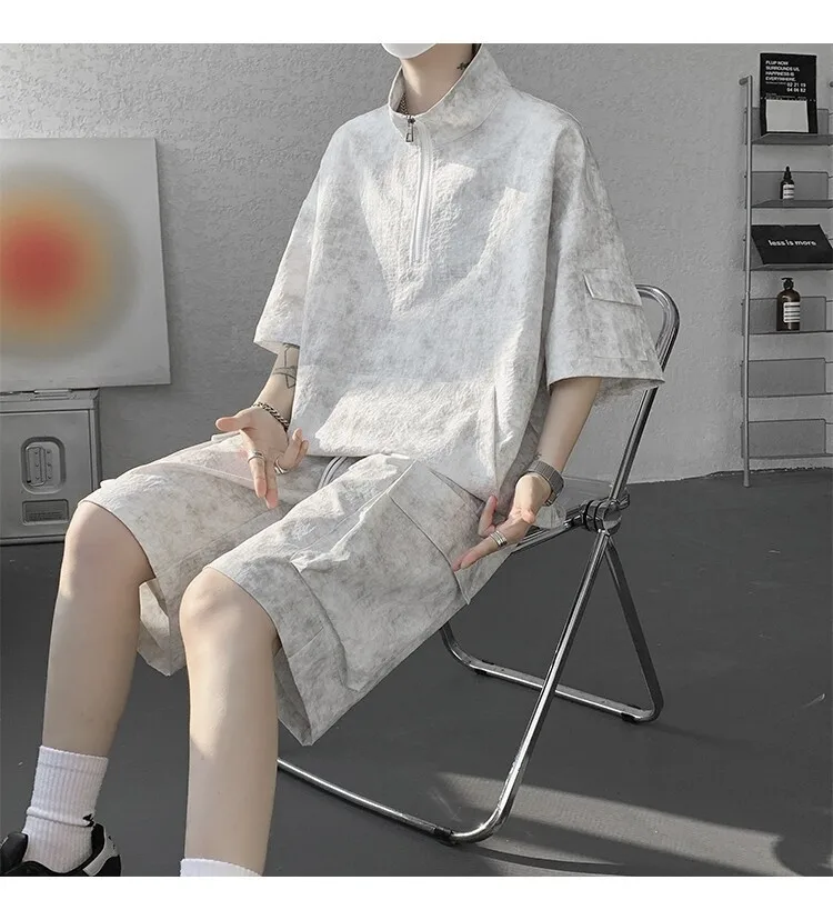 2026 Sommer Hong Kong Style Halb-Reißverschluss-Färbe-Set aus Eisseide mit Kühlfunktion, zweiteiliges Sportswear-Outfit im Hanfu-Stil mit kurzen Ärmeln – Detail 16