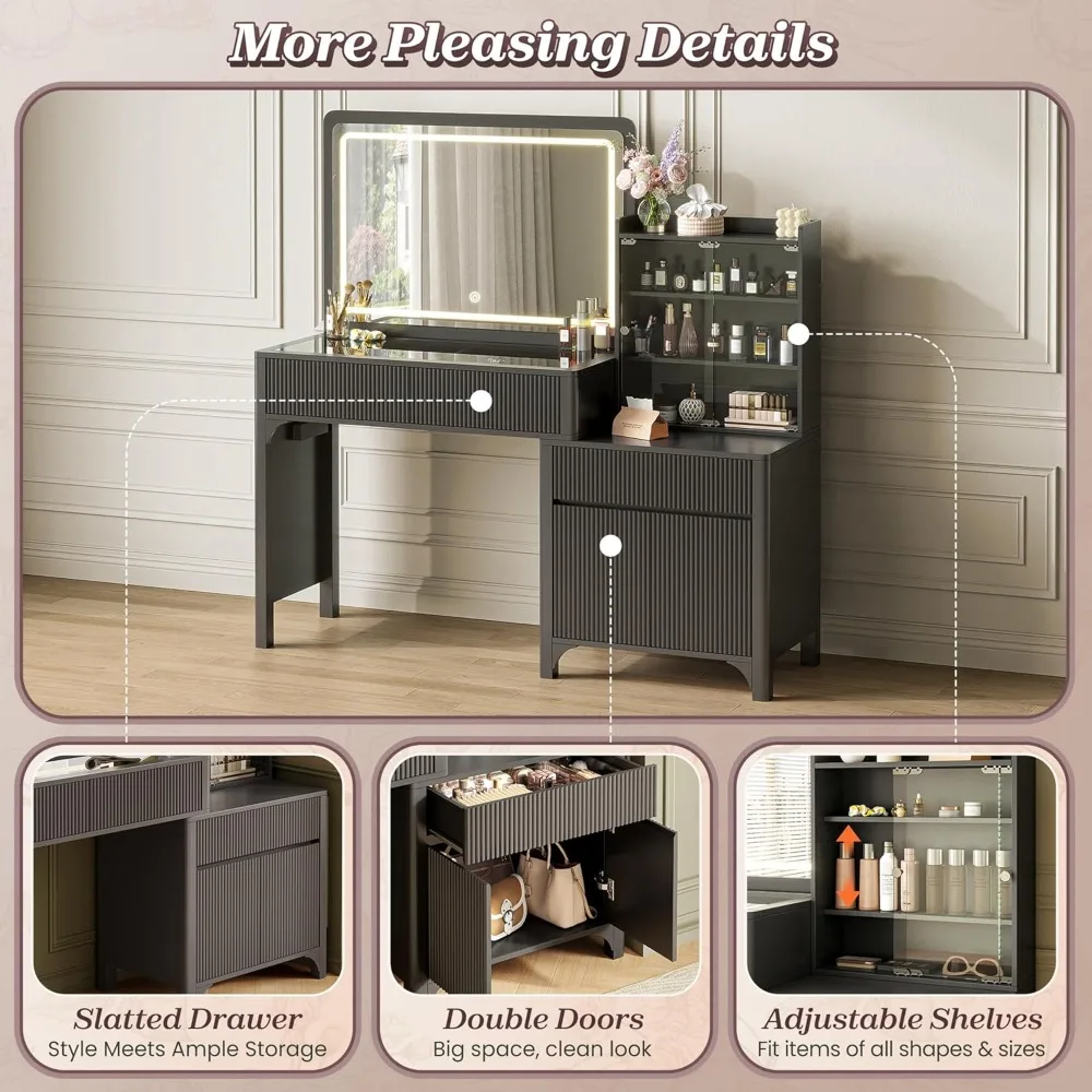 مكتب مكياج كبير مقاس 55 بوصة مع مرآة LED مقاس 35.4 بوصة، ومنافذ طاقة، وسطح مطلي باللون الأسود، وسطح زجاجي، و3 أدراج، Space-Sa