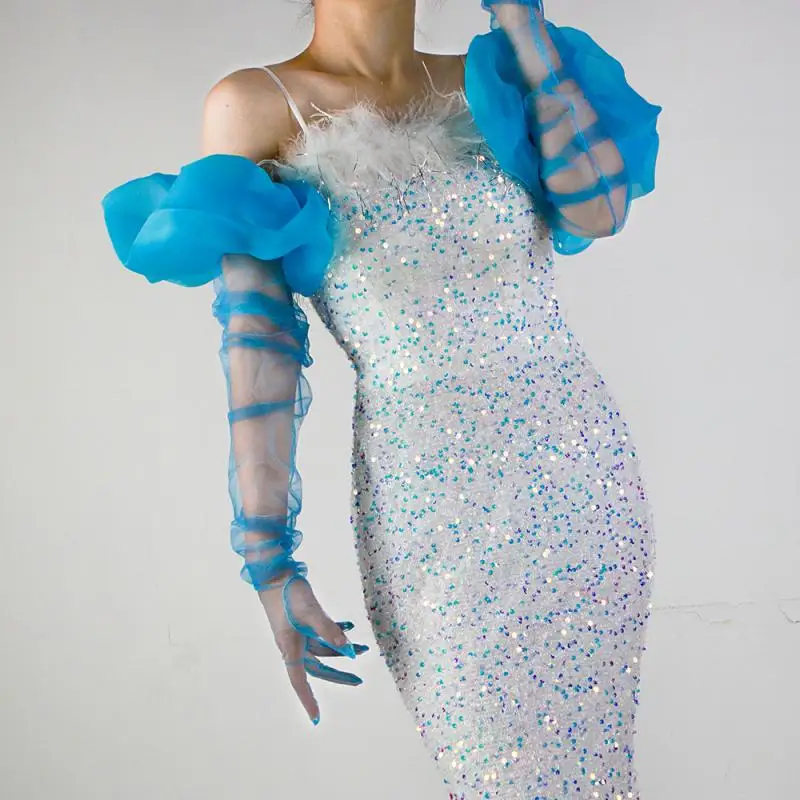 90 cm lange Tüll-Netzhandschuhe, sexy, halbtransparente Spitze, 3D-Wellenmanschetten, Damenärmel, elegante Handschuhe, gelb, einfarbig, große Puffärmel mit Rüschen – Detail 5