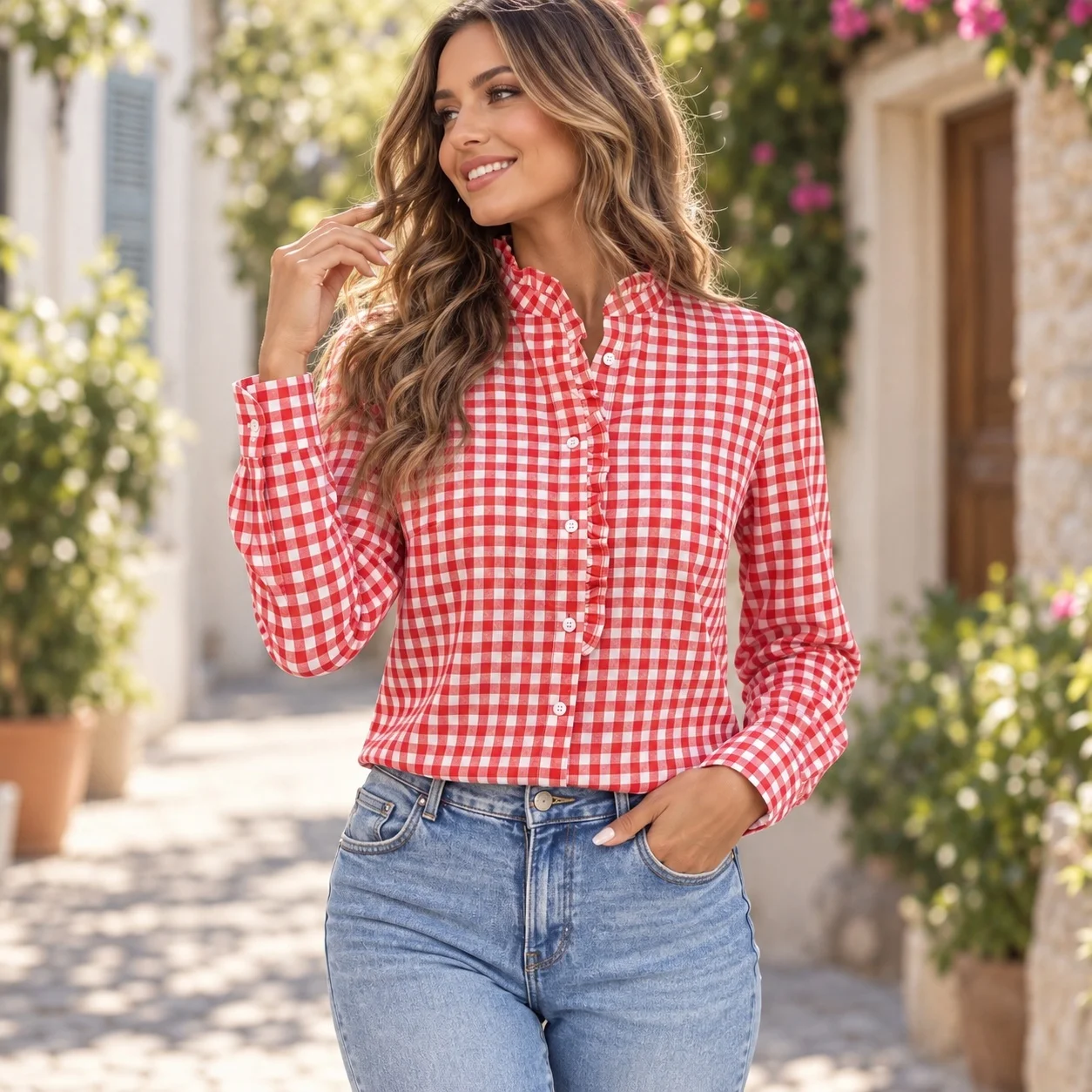 Plaid Casual Long Sleeve Shirt Regular Length Fresh Sweet Style with Button Front Woven Construction No Stretch Women Shirt