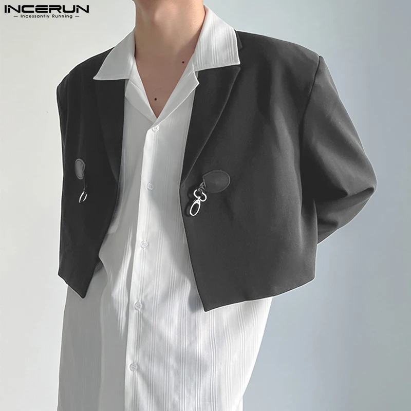 INCERUN Men Blazer Solid Color Lapel Long Sleeve One Button Crop Suits 2024 Streetwear Korean Fashion Casual Thin Coats S-5XL