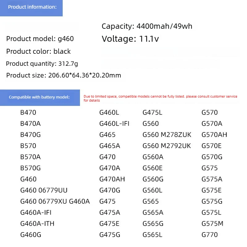 Newly Upgraded G460 4400mAh 11.1V Laptop Battery for Lenovo G460 Z460 G470 Z470 Z465 Z475 Z370 G560 V/G570 G475 G465A B470 V370