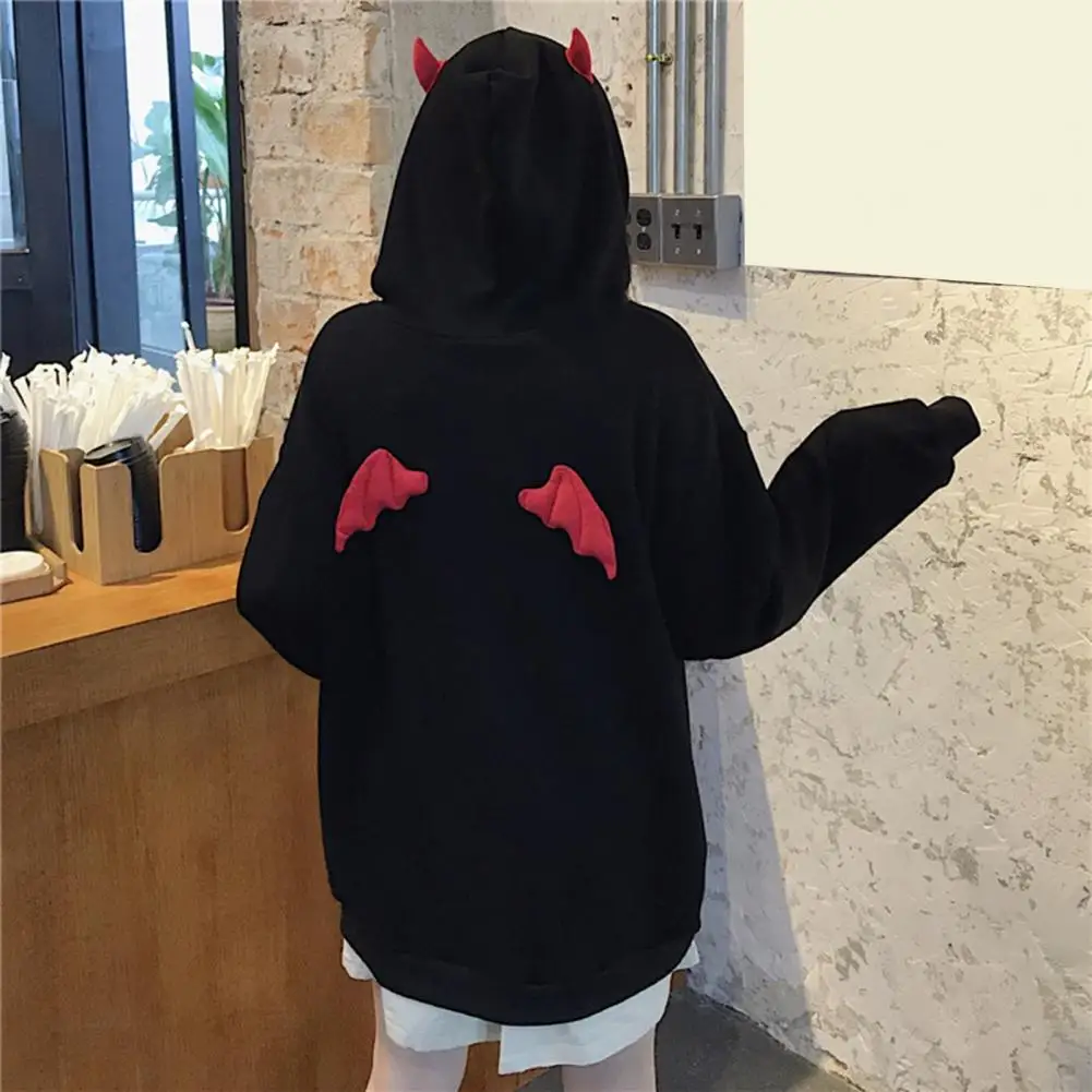 Weather Coat Hoodie Coat Hooded Sweatshirt with Little Devil Horns Demon Fly Wings for Women Loose Fit Pullover with Pocket