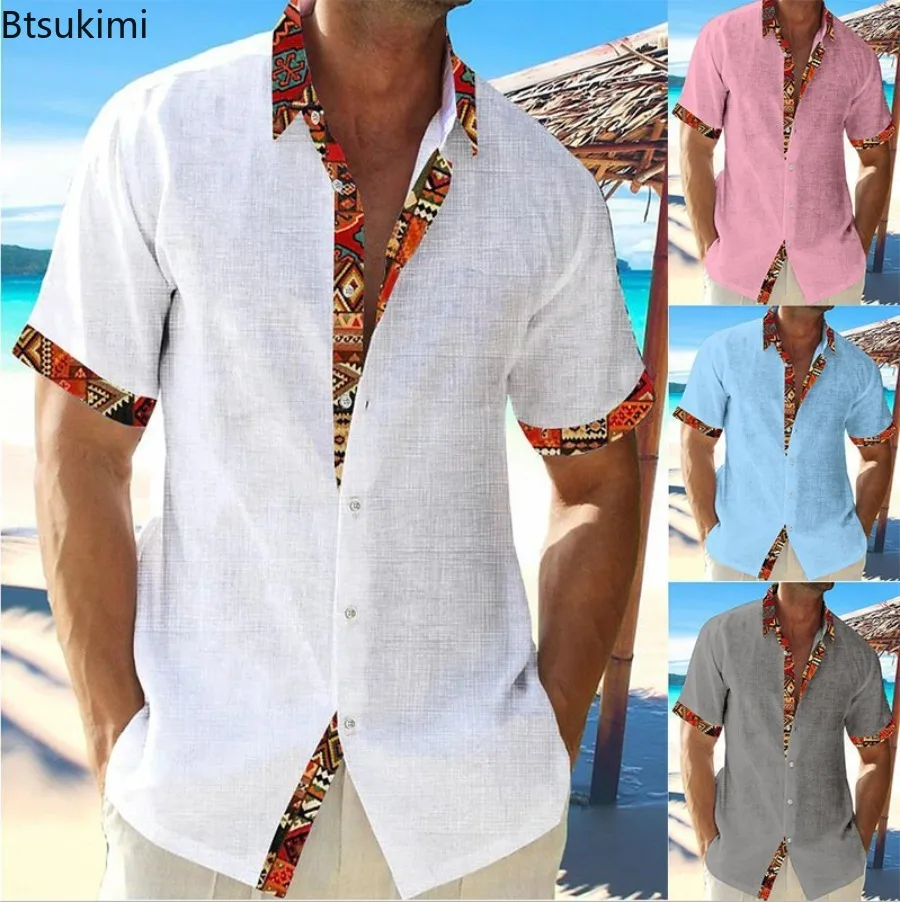 Camisa havaiana masculina para férias na praia, cardigã de lapela de manga curta, camisa casual solta, blusa de retalho, verão, 2024