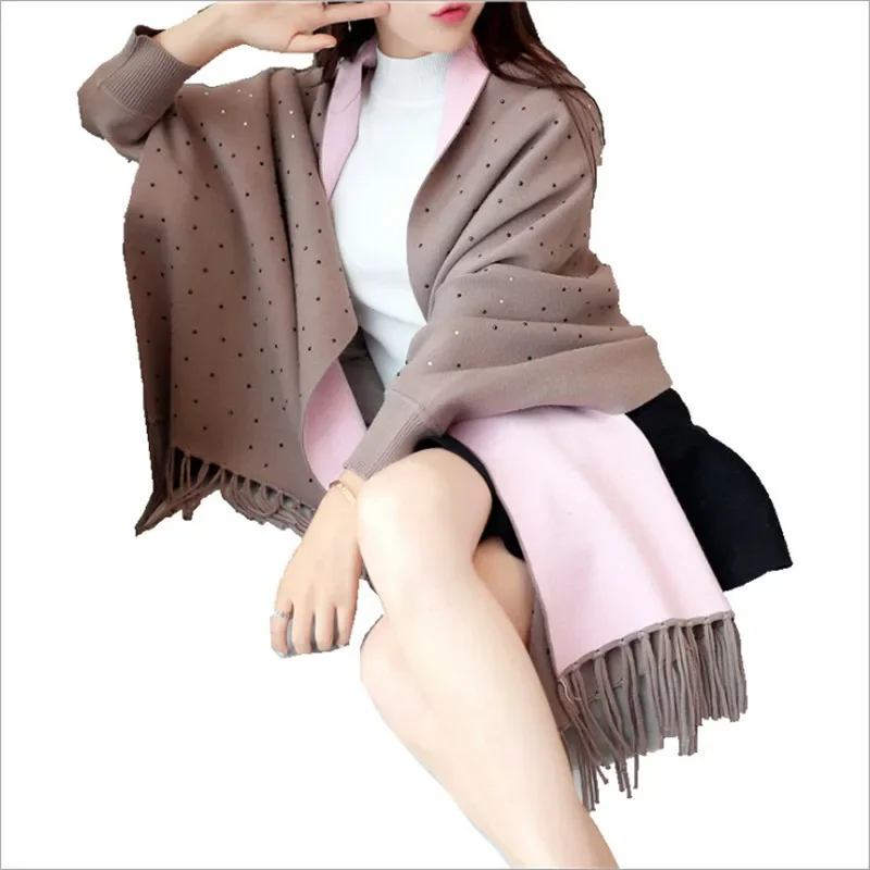 10 farben Mantel Oversize Perlen Kristall Schal Winter Gestrickte Schal Poncho Heraus Tragen Mantel Geschenk Für Frauen Shinny Langen Ärmeln wrap