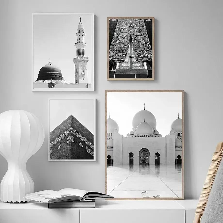 Black and White Islamic Mosque Landscape Canvas Painting Wall Art Muslin Cites Architectural Poster Printmaking Home Decoration