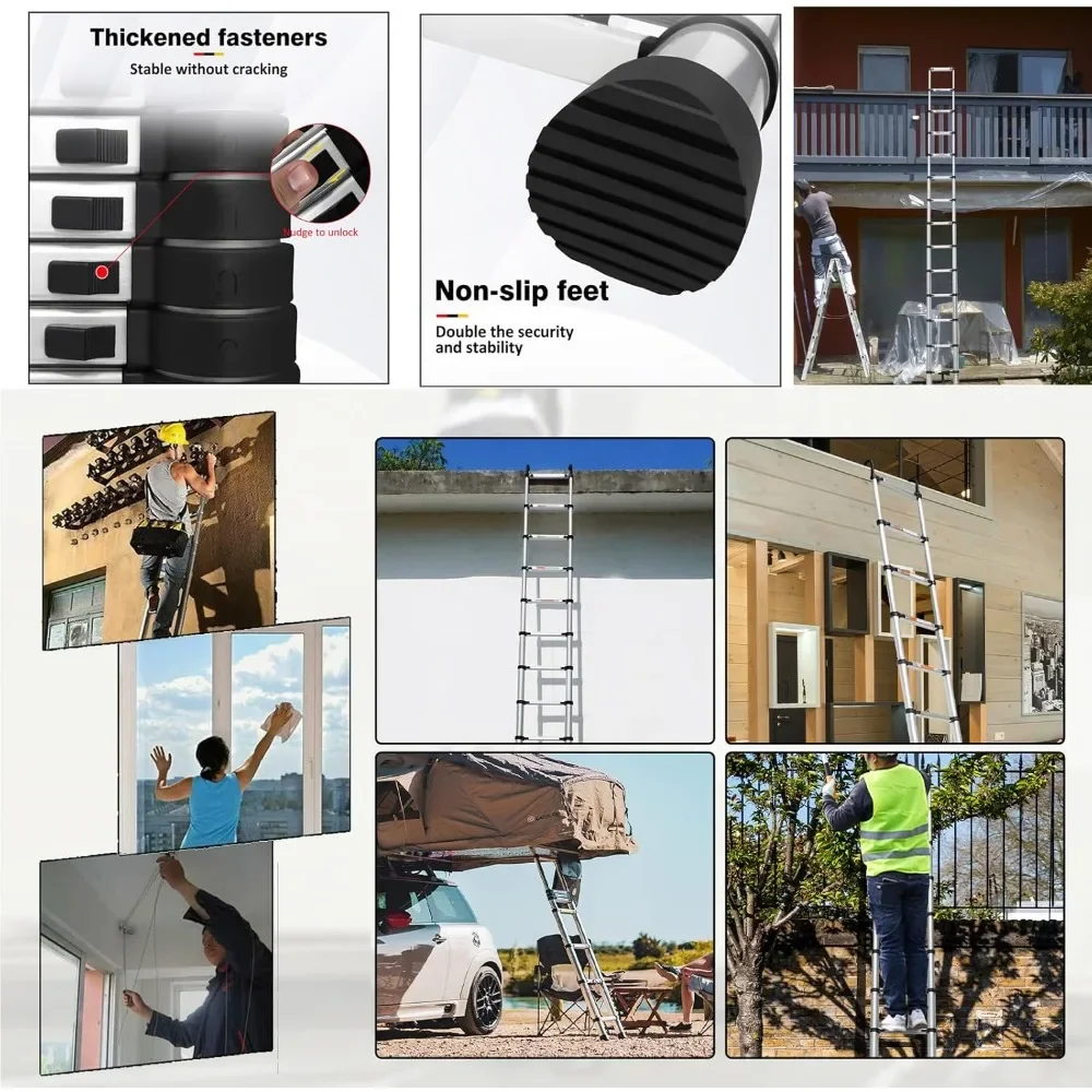 Telescoping Ladder 16 FT A Frame Aluminum Extension Ladder, Lightweight RV Ladder with Stabilizer Bar, Multi-Purpose Collapsible