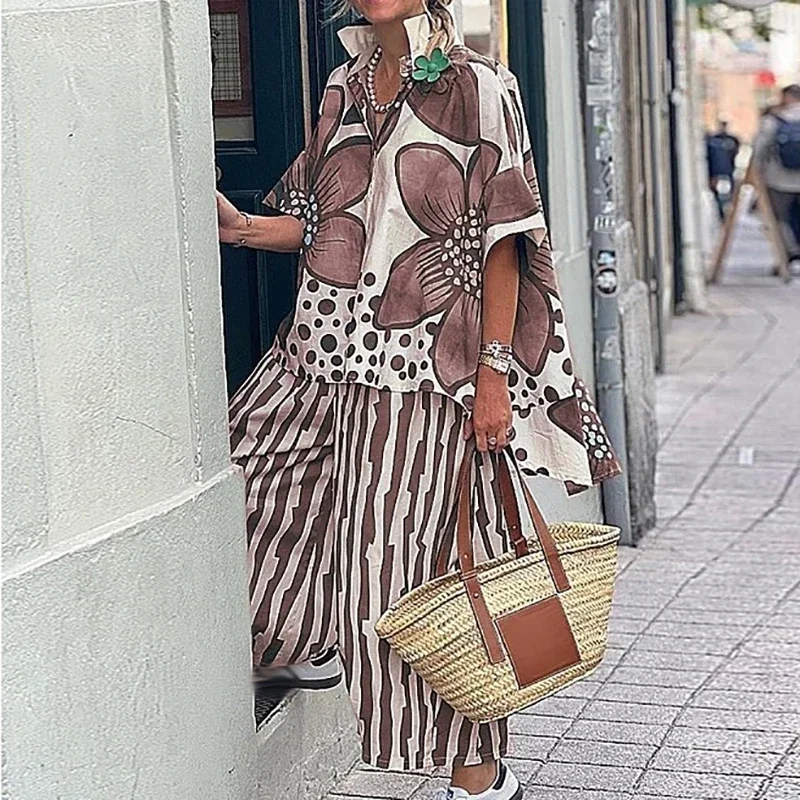 

Vintage Floral Vintage Geometric loose wide leg Pants Set 2025 Boho Irregular Shirt & Striped Wide Leg Pants 2 Piece Outfit 2025